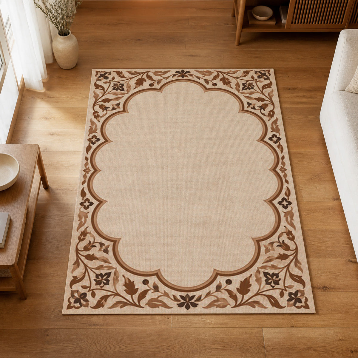 Kartela Cloud Frame washable classic bordered area rug in Copper, on a wooden floor in a bright living room