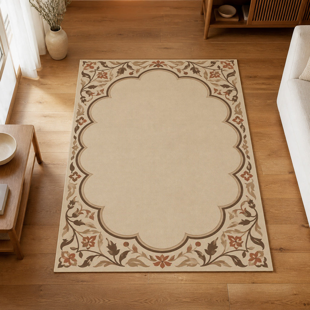 Kartela Cloud Frame washable classic bordered area rug in Beige, on a wooden floor in a bright living room