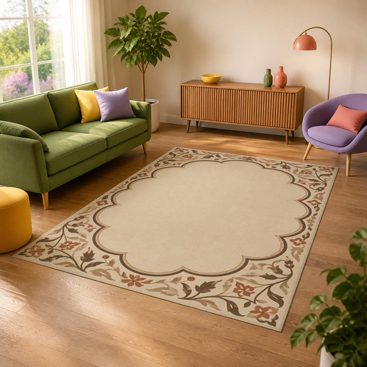 Kartela Cloud Frame washable classic bordered area rug in Beige, in a sunny living room with a green sofa