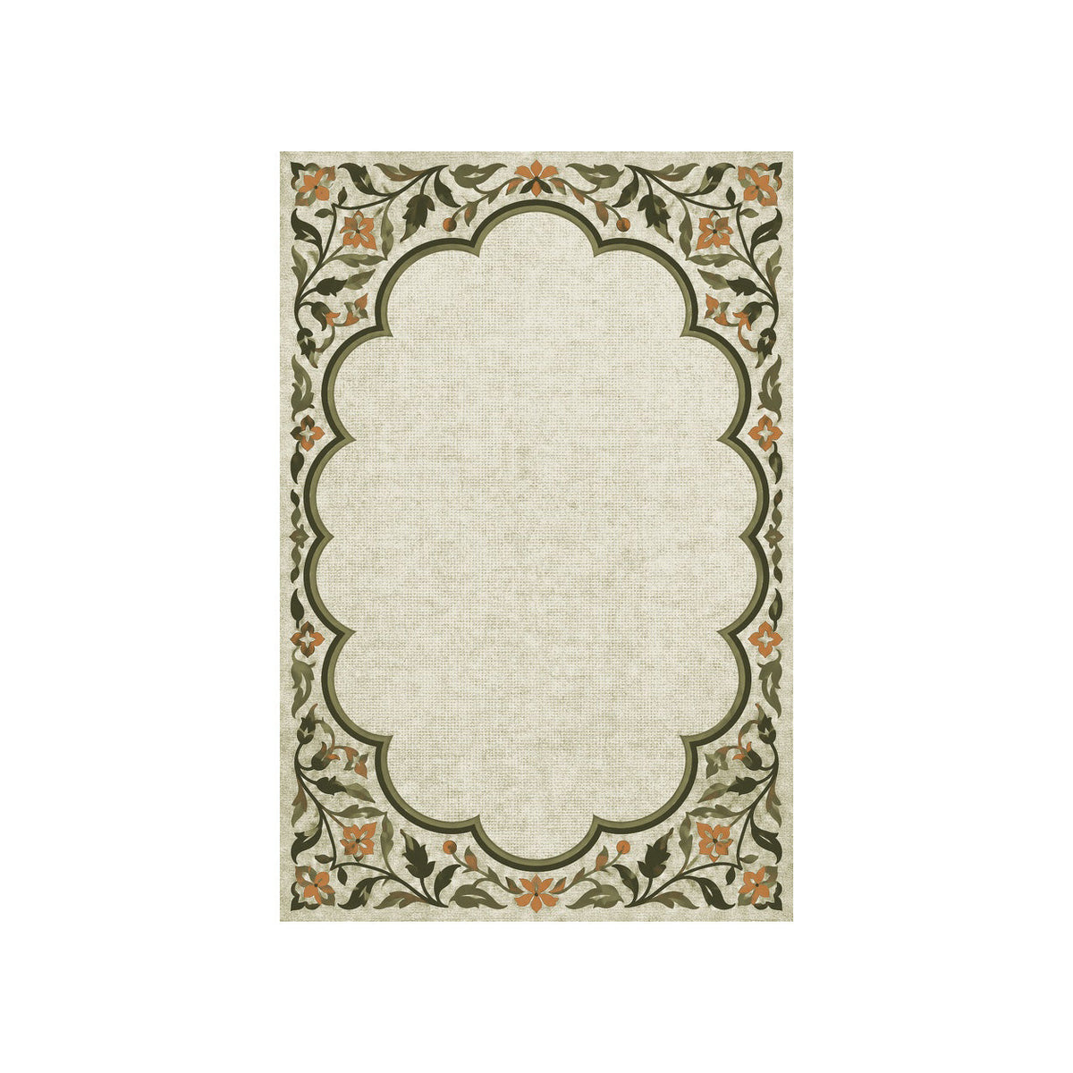 Kartela Cloud Frame washable classic bordered area rug in Olive, flat product view on a white background