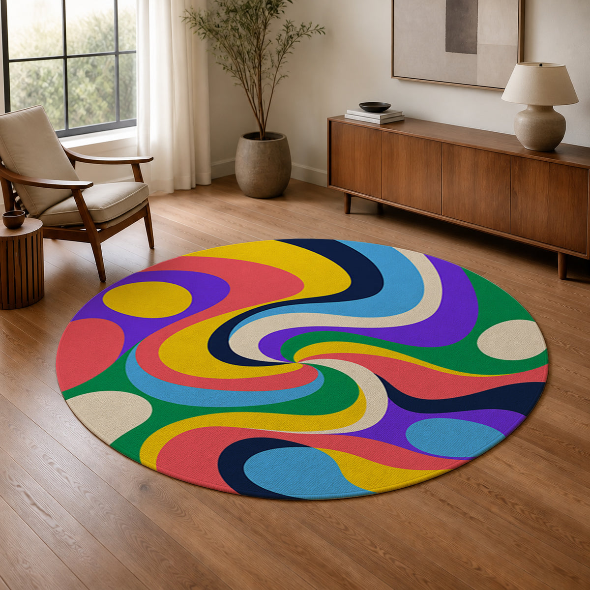 Candy Wave Round Rug in a warm modern living room
