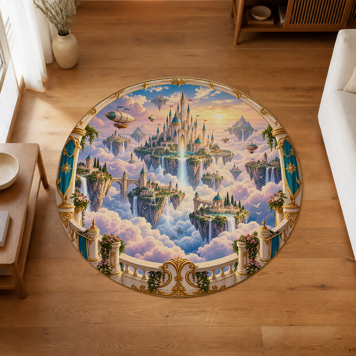 Castle Above the Clouds 3D Round Rug in an editorial overhead room view