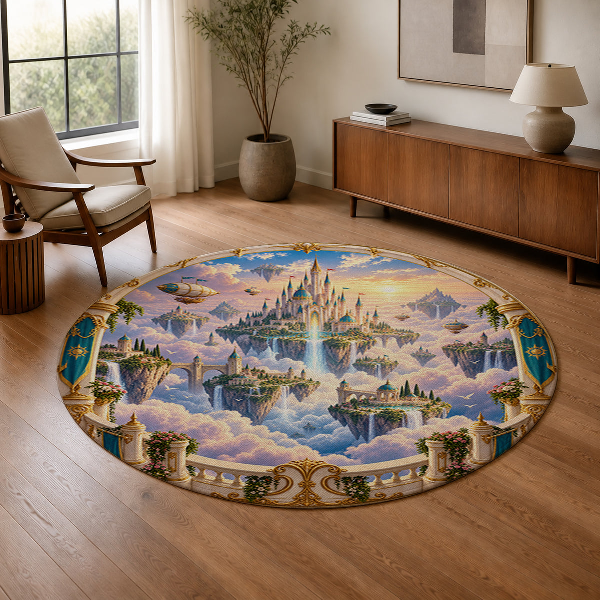 Castle Above the Clouds 3D Round Rug in a warm modern living room