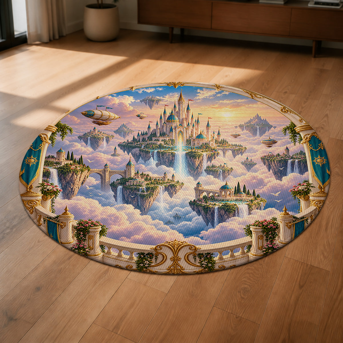 Castle Above the Clouds 3D Round Rug shown from a low oblique angle