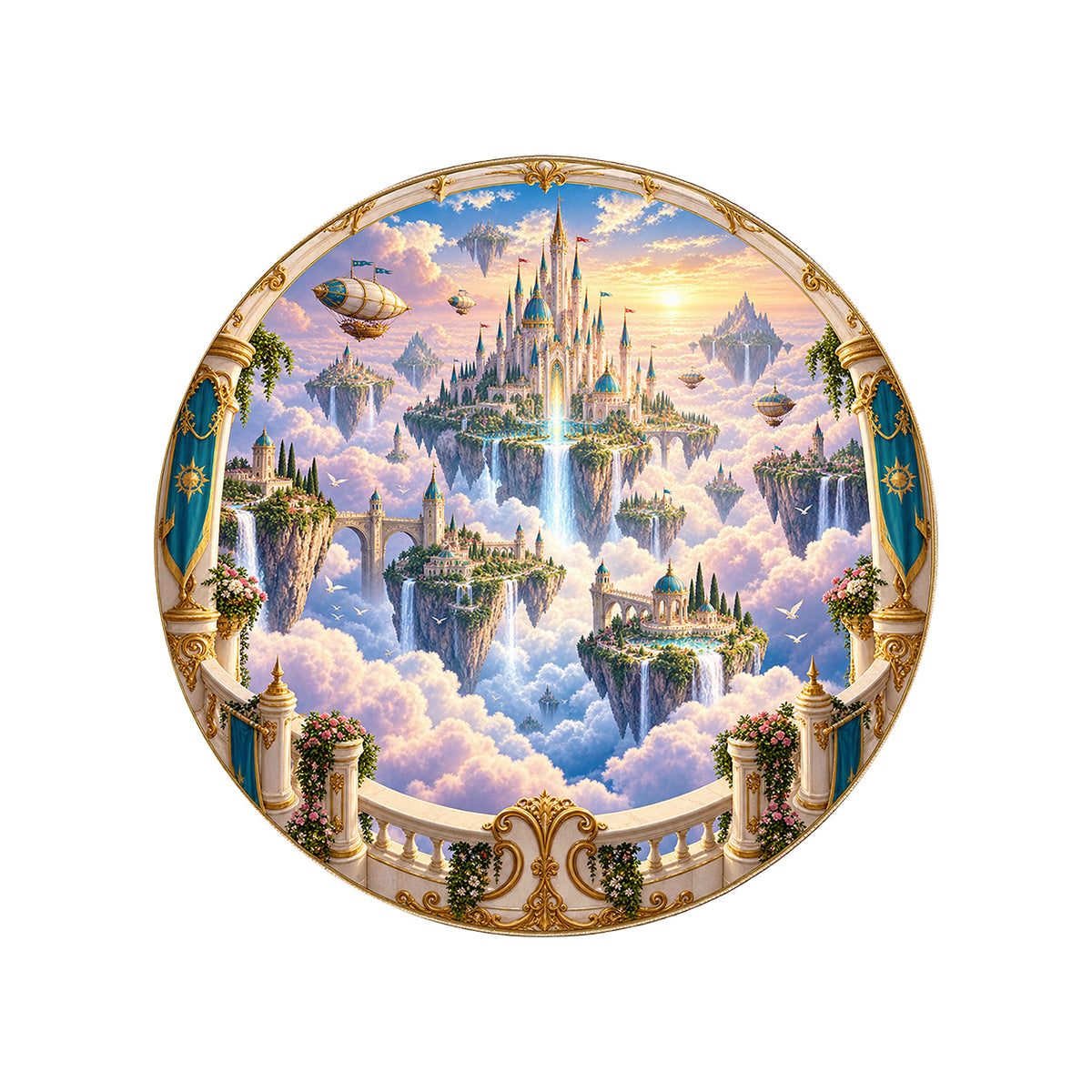 Castle Above the Clouds 3D Round Rug on a clean white background