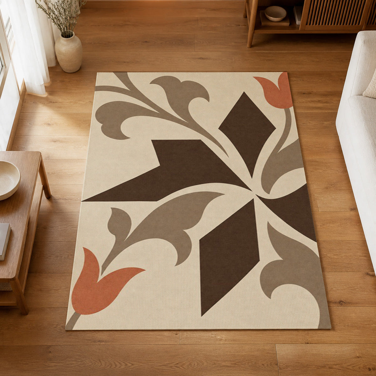 Kartela Tile Rhythm washable tulip motif area rug in Beige, on a wooden floor in a bright living room