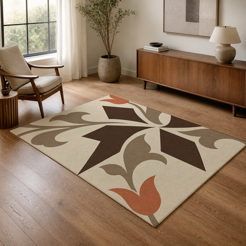 Kartela Tile Rhythm washable tulip motif area rug in Beige, in a living room with an armchair and sideboard