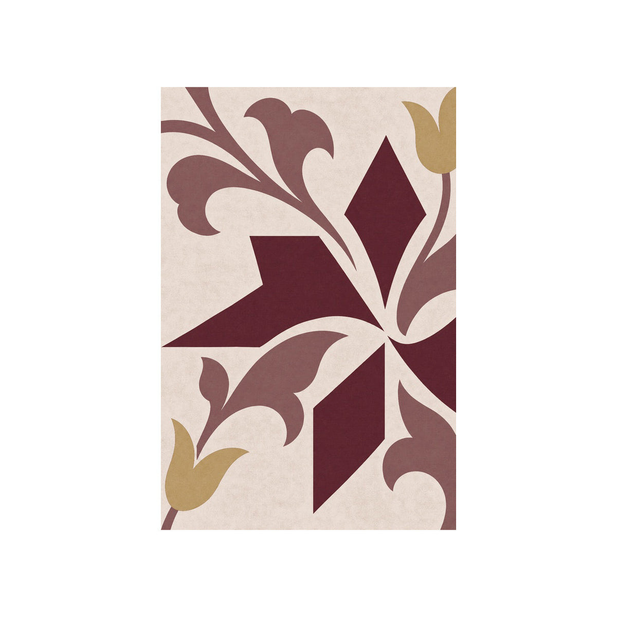 Kartela Tile Rhythm washable tulip motif area rug in Burgundy, flat product view on a white background