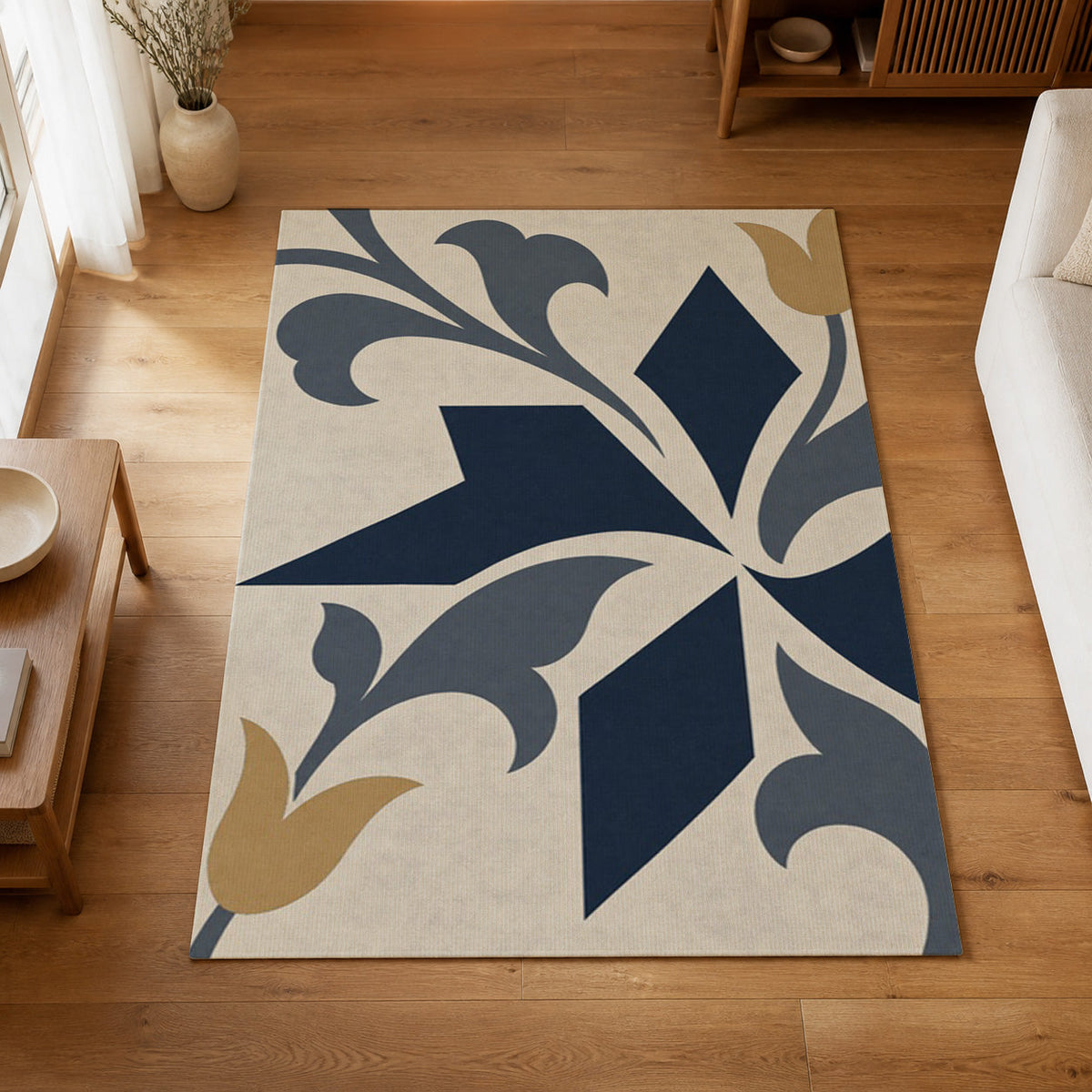 Kartela Tile Rhythm washable tulip motif area rug in Navy, on a wooden floor in a bright living room