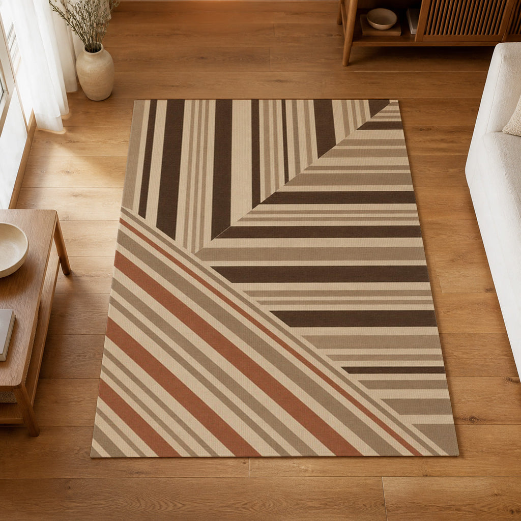 Kartela Block Stripe washable modern striped area rug in Beige, on a wooden floor in a bright living room