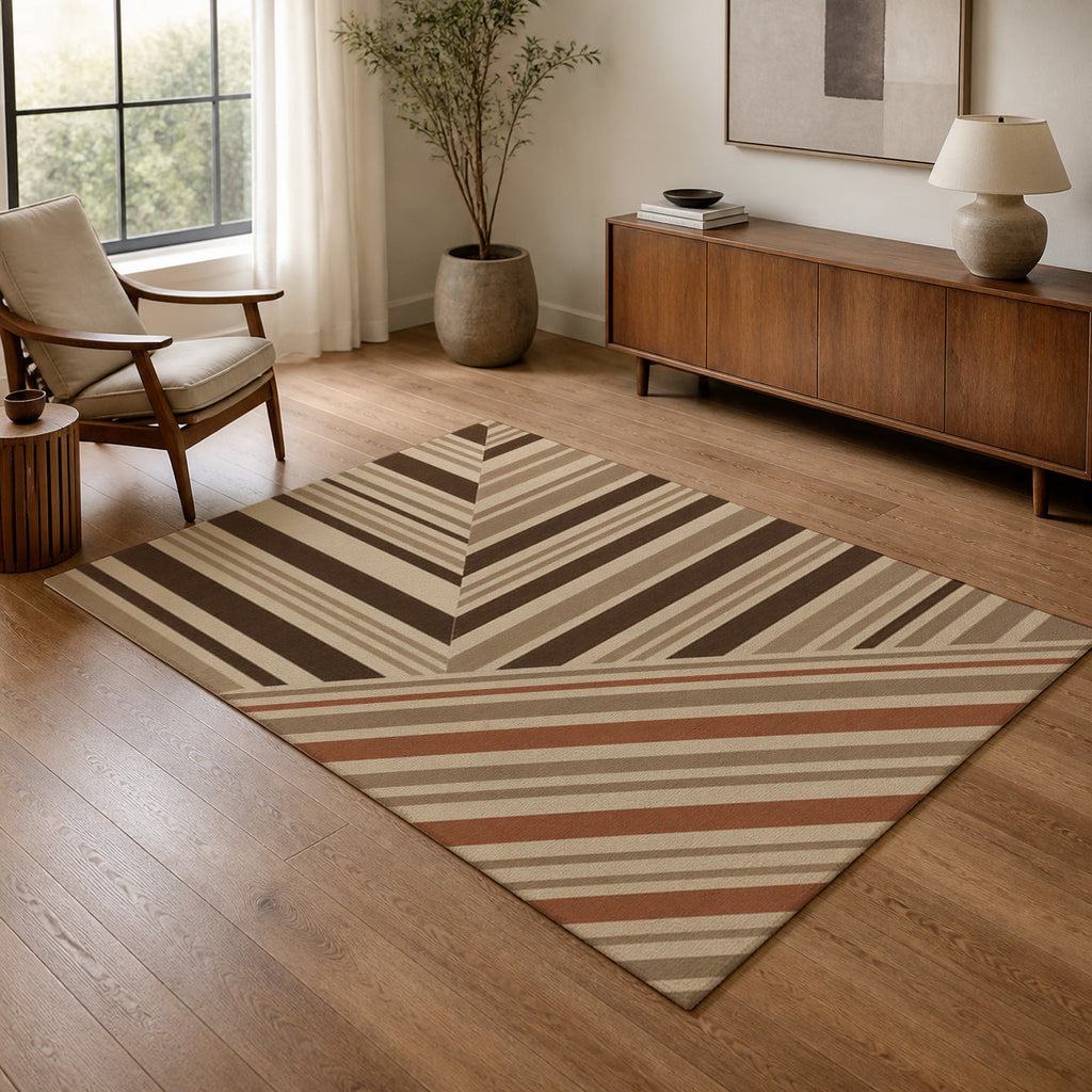 Kartela Block Stripe washable modern striped area rug in Beige, in a living room with an armchair and sideboard