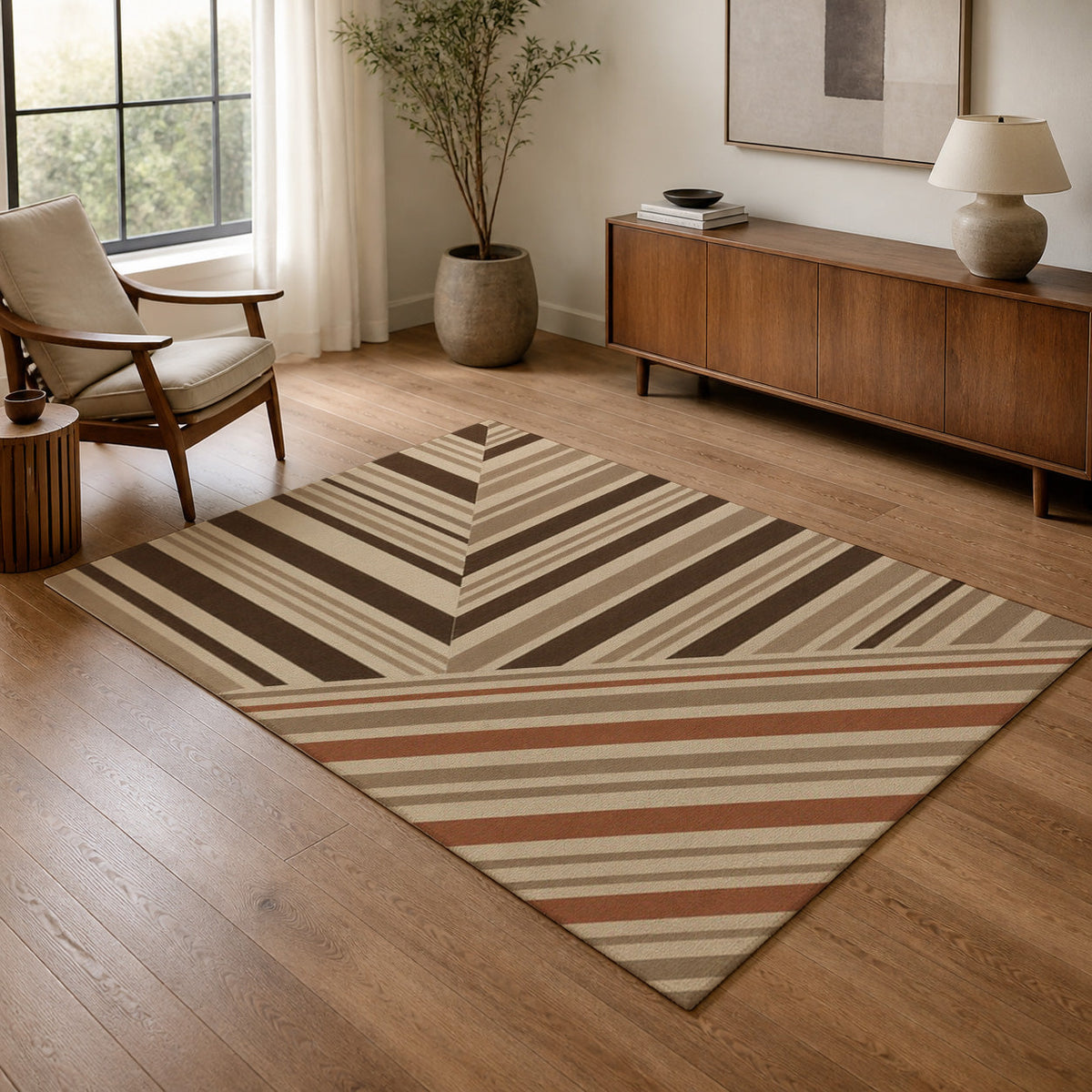 Kartela Block Stripe washable modern striped area rug in Beige, in a living room with an armchair and sideboard