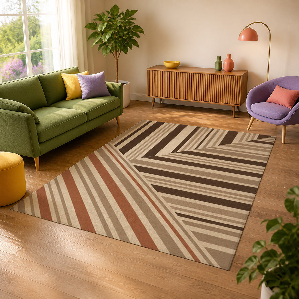 Kartela Block Stripe washable modern striped area rug in Beige, in a sunny living room with a green sofa