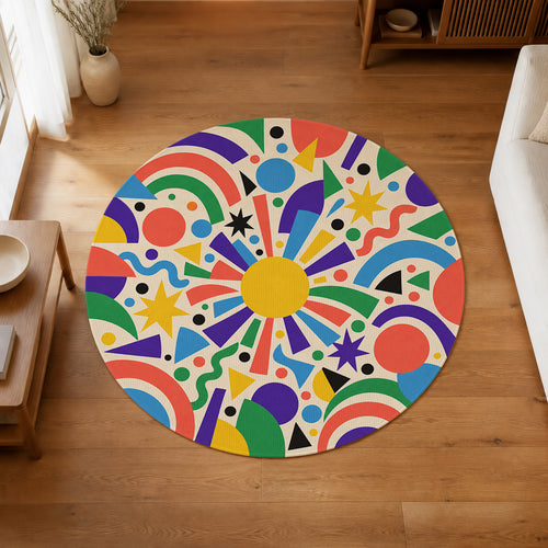 Confetti Orbit Round Rug in an editorial overhead room view