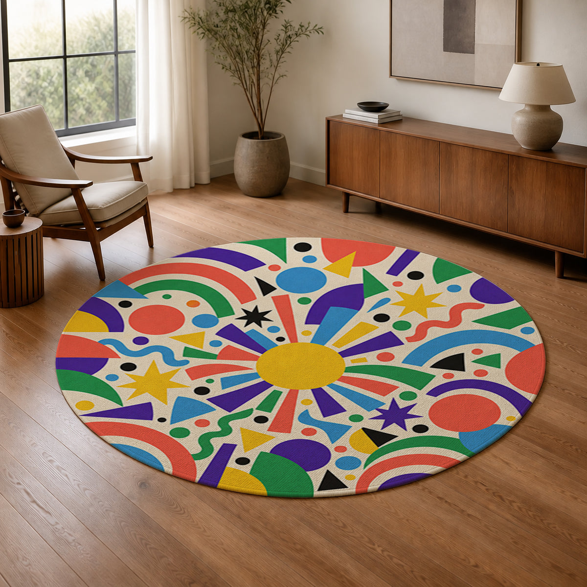 Confetti Orbit Round Rug in a warm modern living room