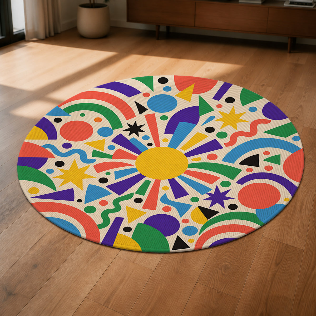 Confetti Orbit Round Rug shown from a low oblique angle