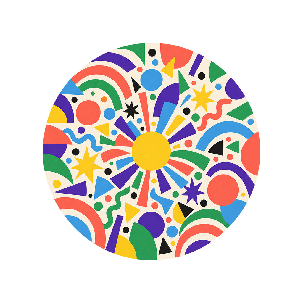 Confetti Orbit Round Rug on a clean white background