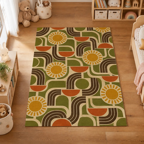 Avocado Sun Circuit Washable Area Rug styled room view