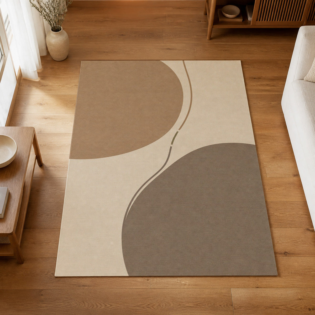 Kartela Balance washable abstract modern area rug in Beige, on a wooden floor in a bright living room