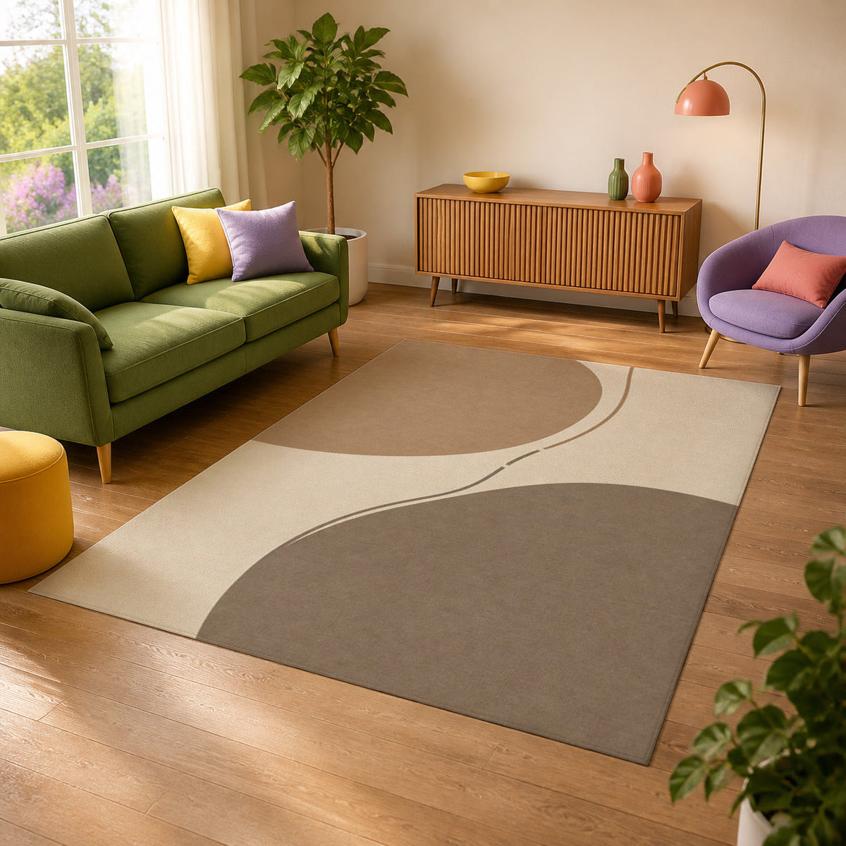 Kartela Balance washable abstract modern area rug in Beige, in a sunny living room with a green sofa