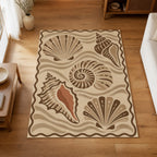 Kartela Seashell washable coastal seashell area rug in Beige, on a wooden floor in a bright living room