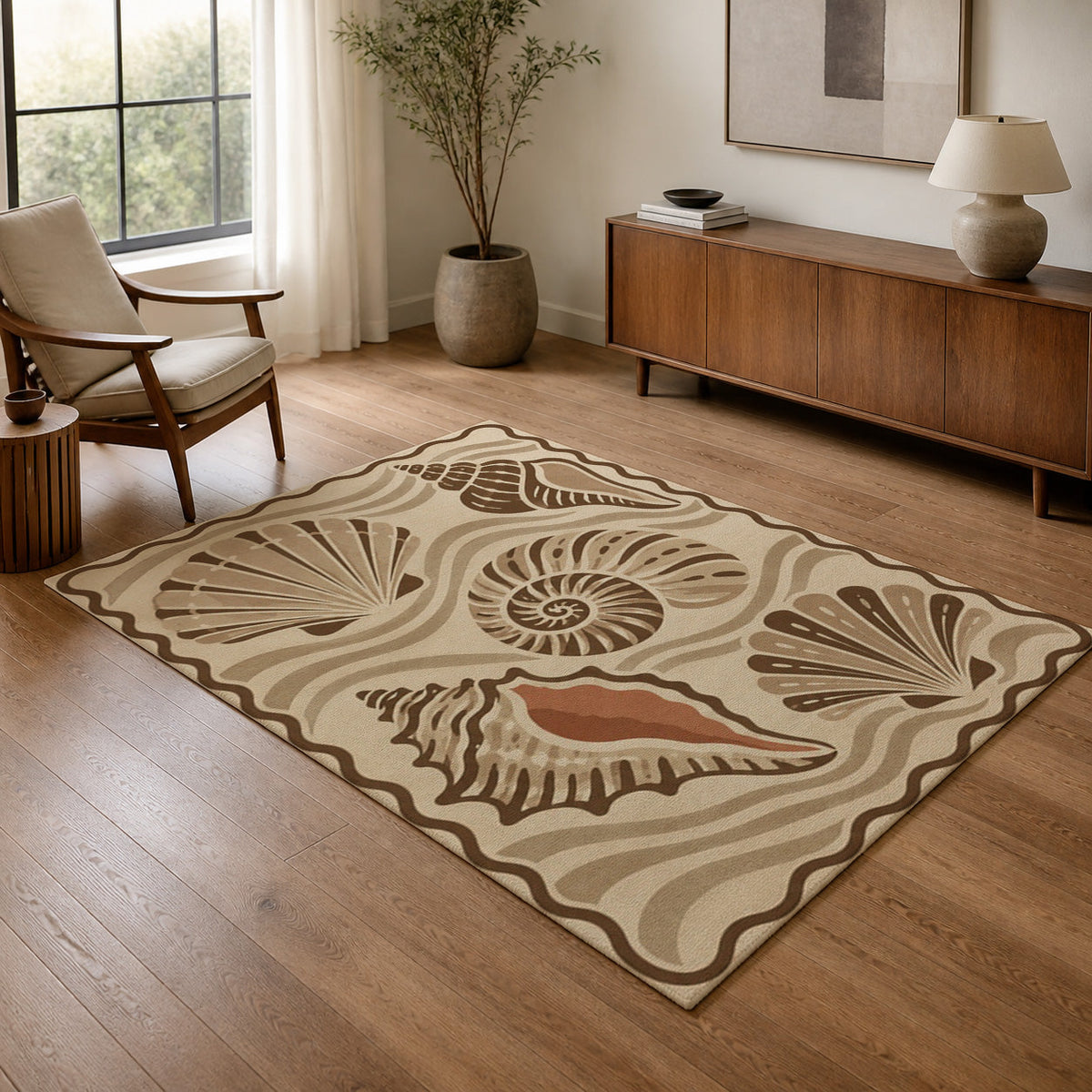 Kartela Seashell washable coastal seashell area rug in Beige, in a living room with an armchair and sideboard