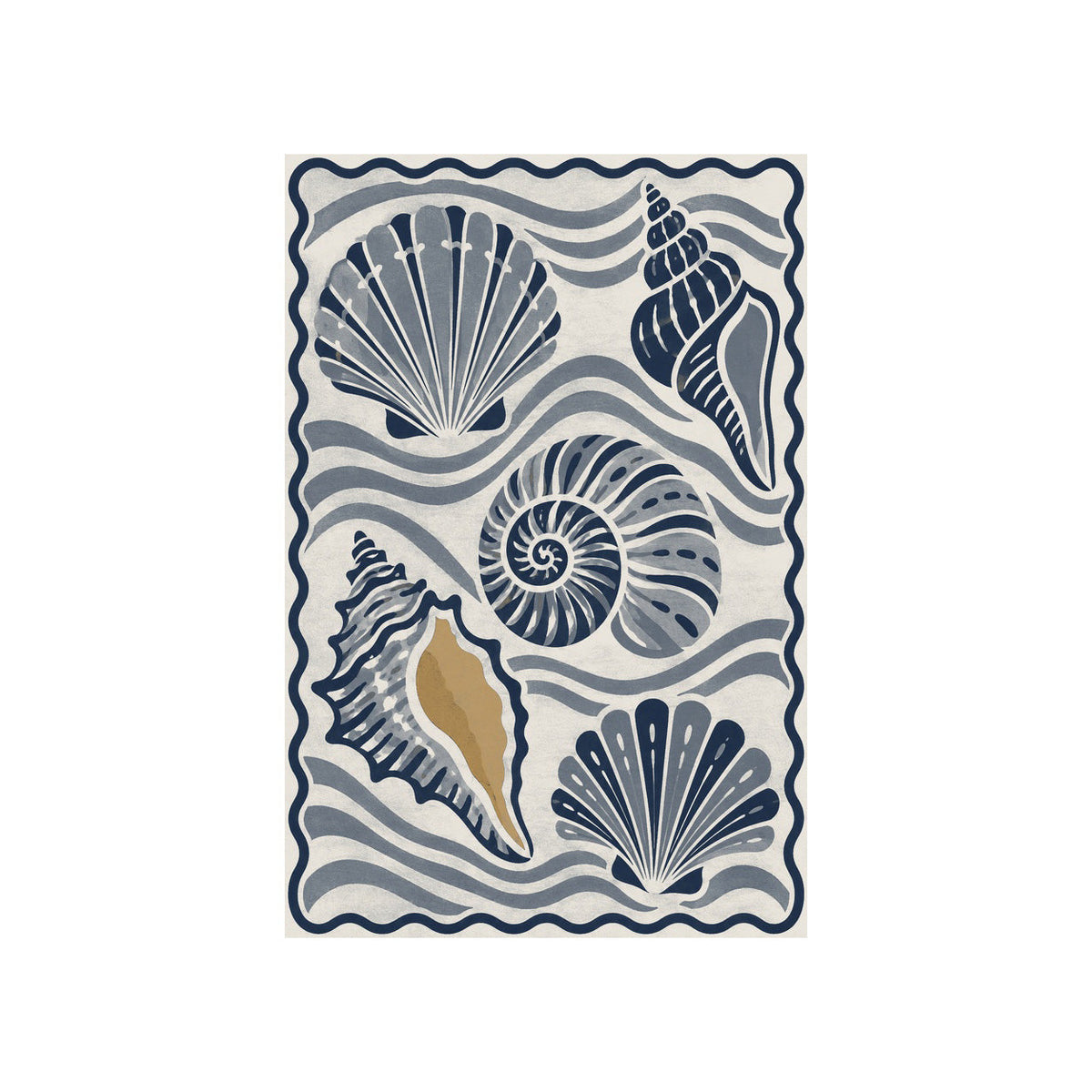 Kartela Seashell washable coastal seashell area rug in Navy, flat product view on a white background
