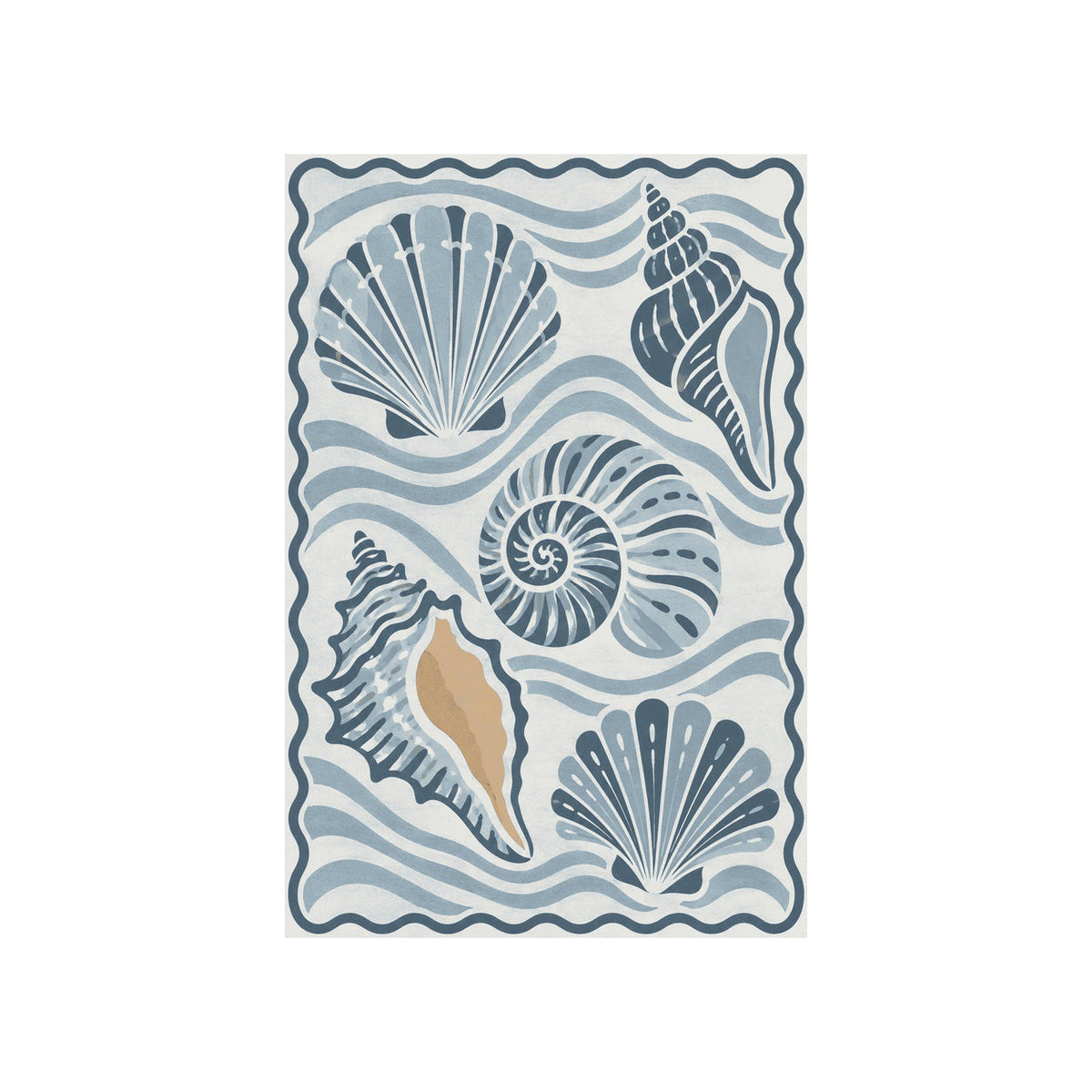 Kartela Seashell washable coastal seashell area rug in Blue, flat product view on a white background