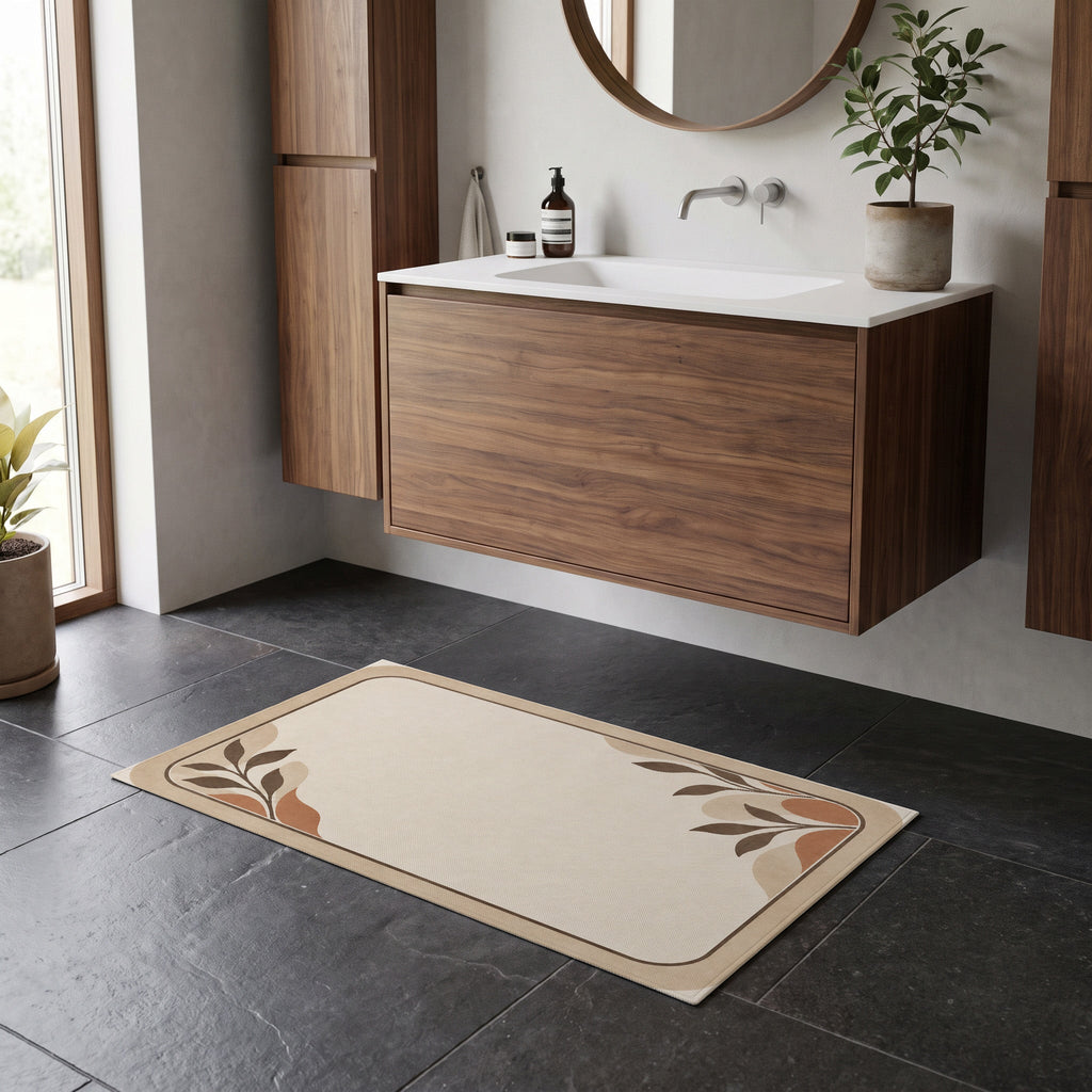 Kartela Diatomite washable stone-look bath mat in Beige, on a dark tile floor in front of a wooden vanity