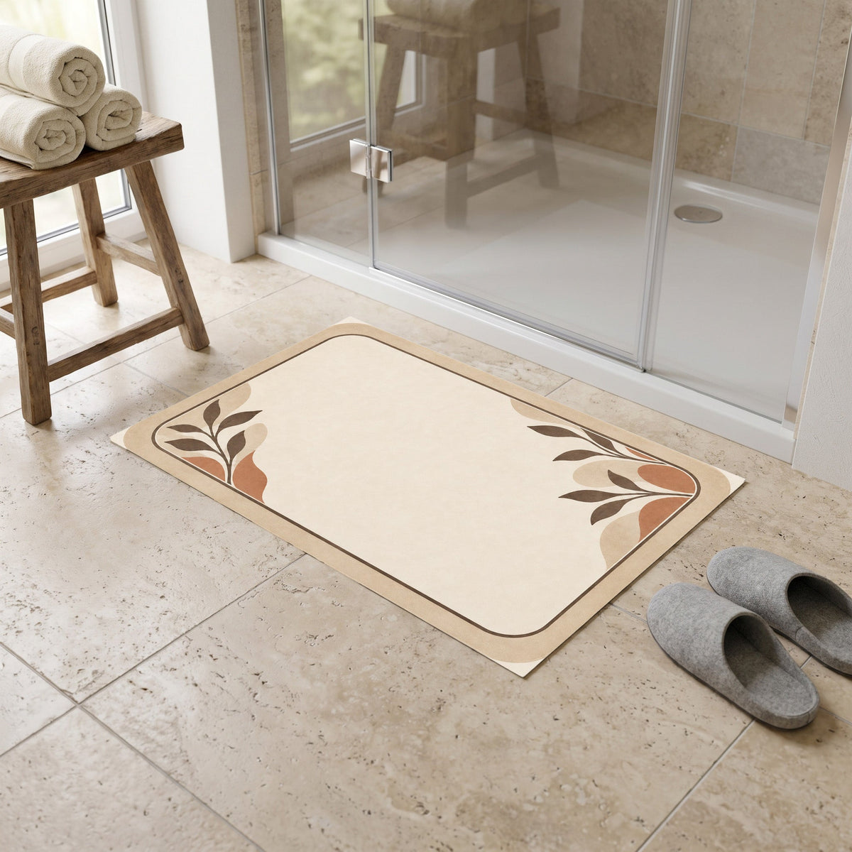 Kartela Diatomite washable stone-look bath mat in Beige, in front of a glass shower with slippers