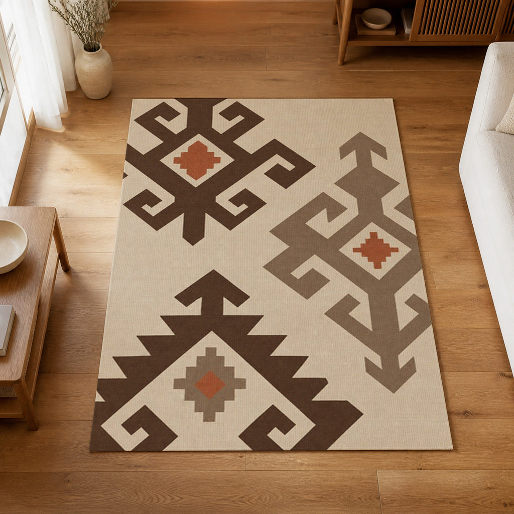 Kartela Woven Traces washable kilim pattern area rug in Beige, on a wooden floor in a bright living room