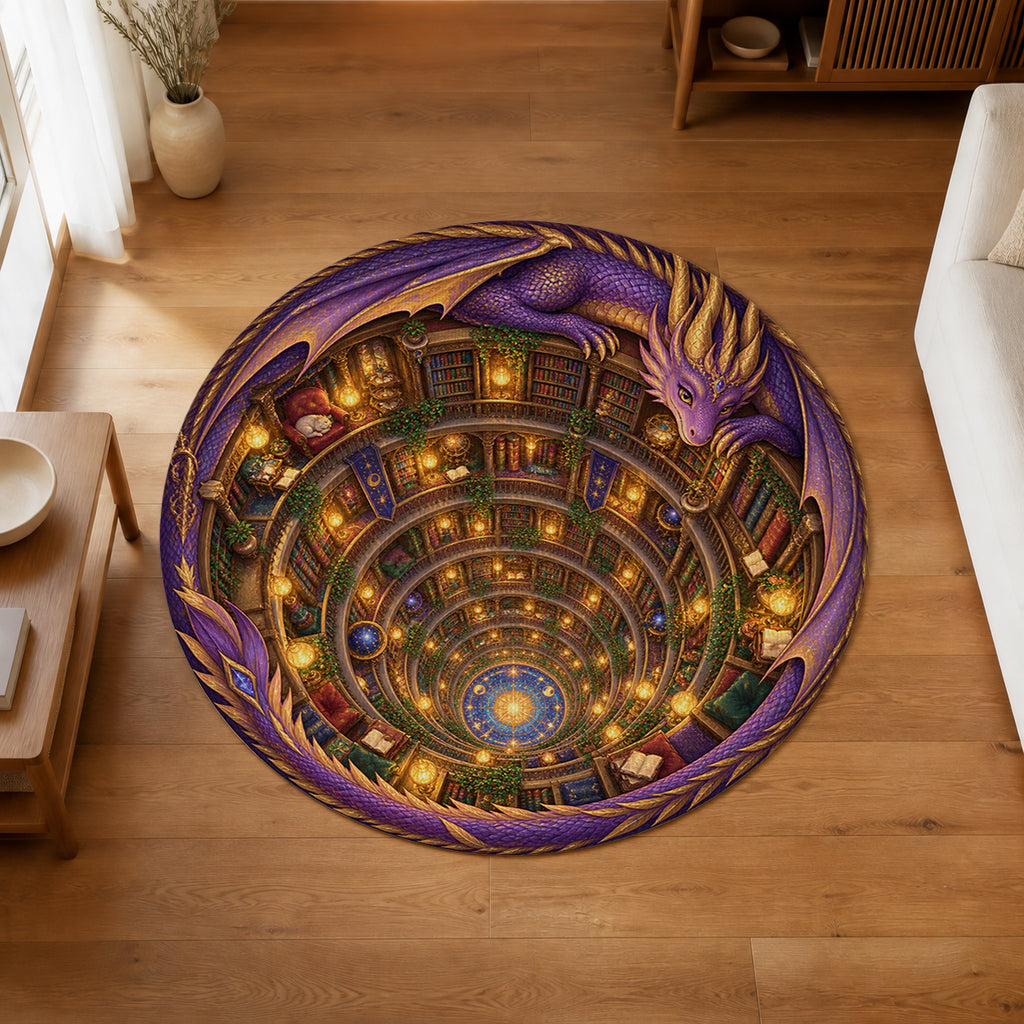 Dragon's Endless Library 3D round rug in an editorial overhead room view