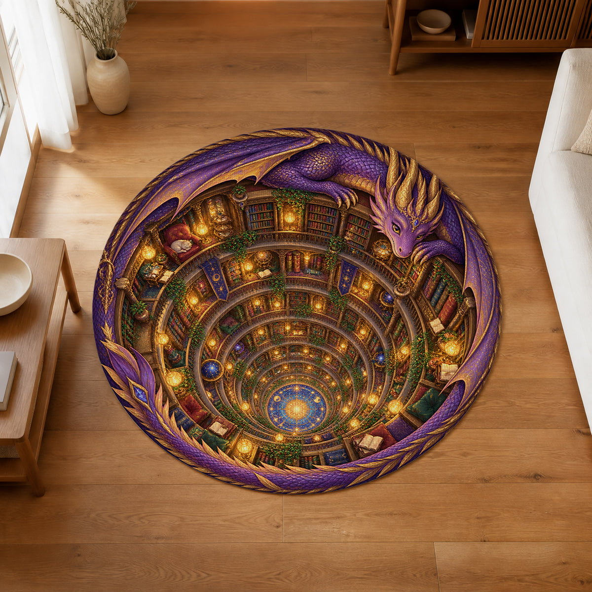 Dragon's Endless Library 3D round rug in an editorial overhead room view