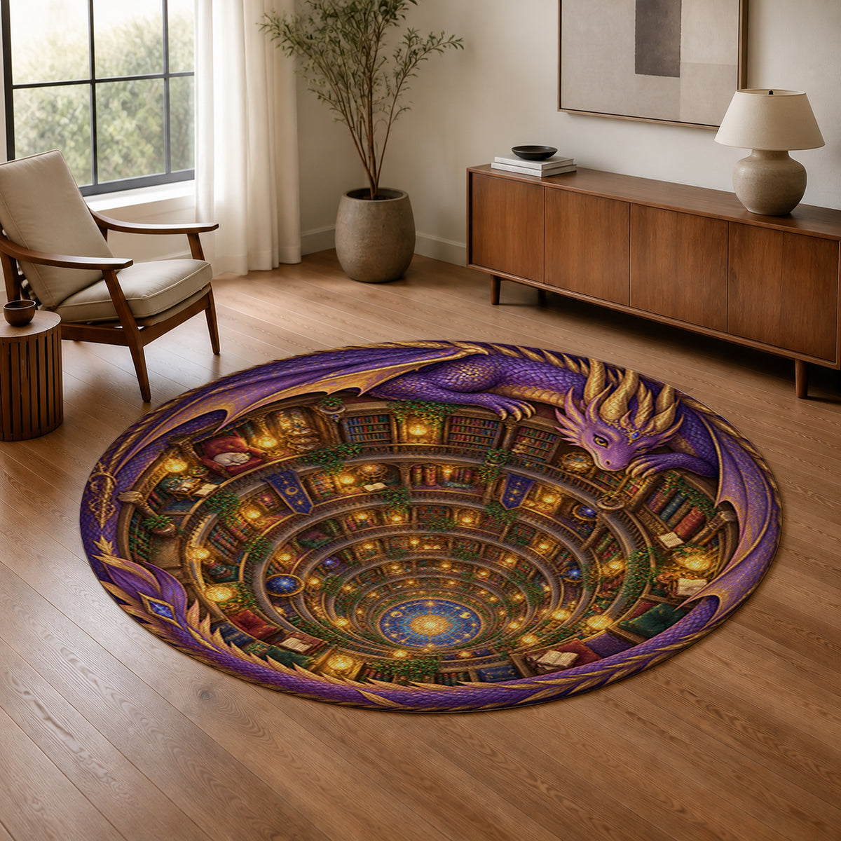 Dragon's Endless Library 3D round rug in a warm modern living room