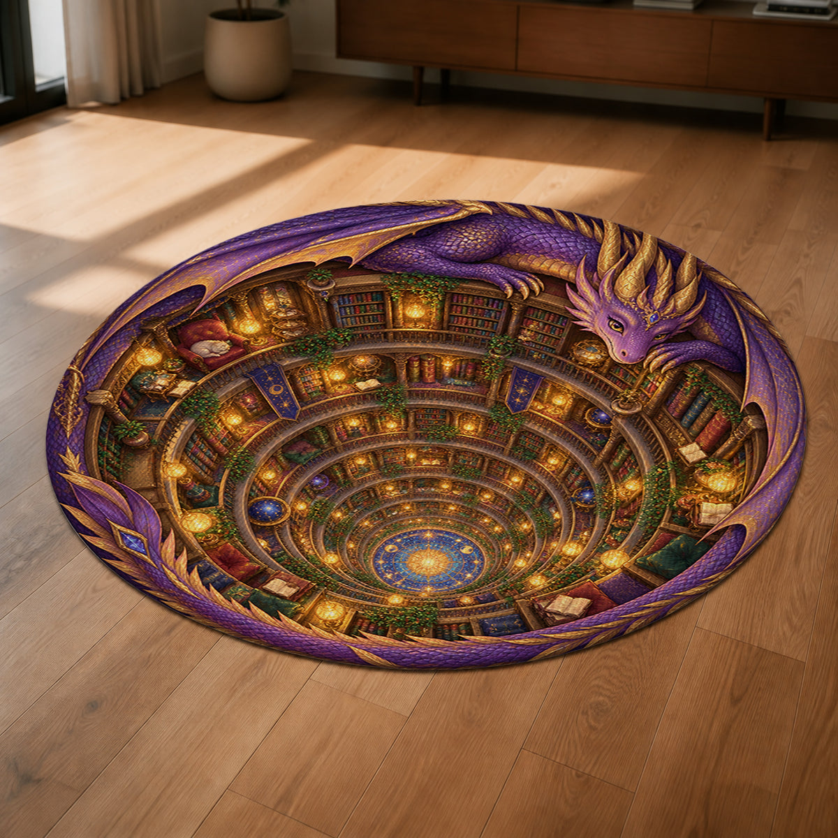 Dragon's Endless Library 3D round rug shown from a low oblique angle