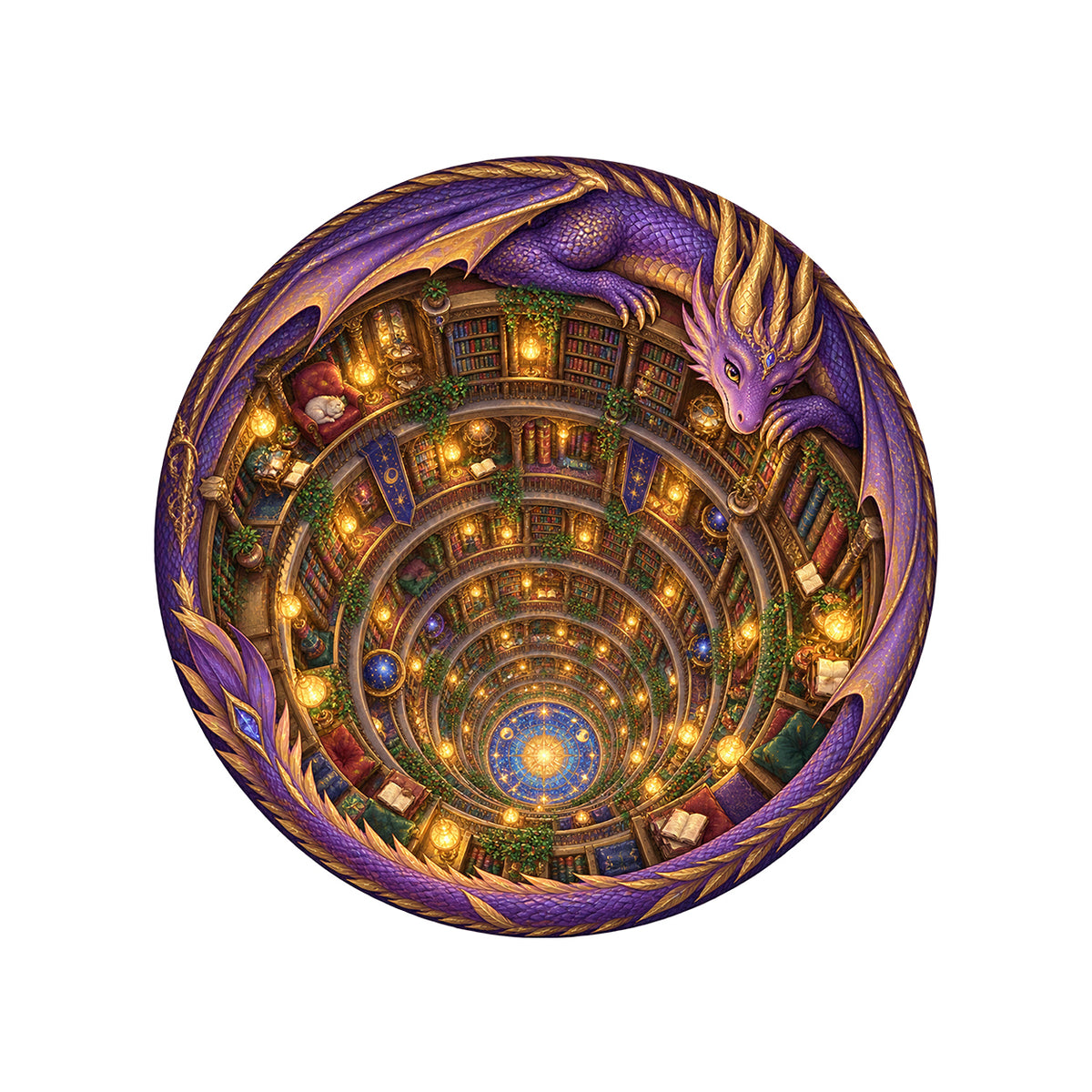 Dragon's Endless Library 3D round rug on a clean white background