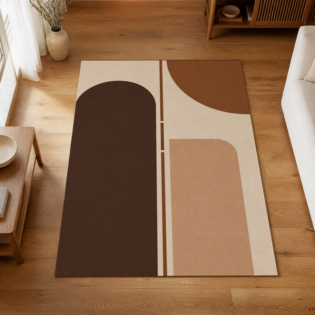 Kartela Axis washable modern arch area rug in Copper, on a wooden floor in a bright living room