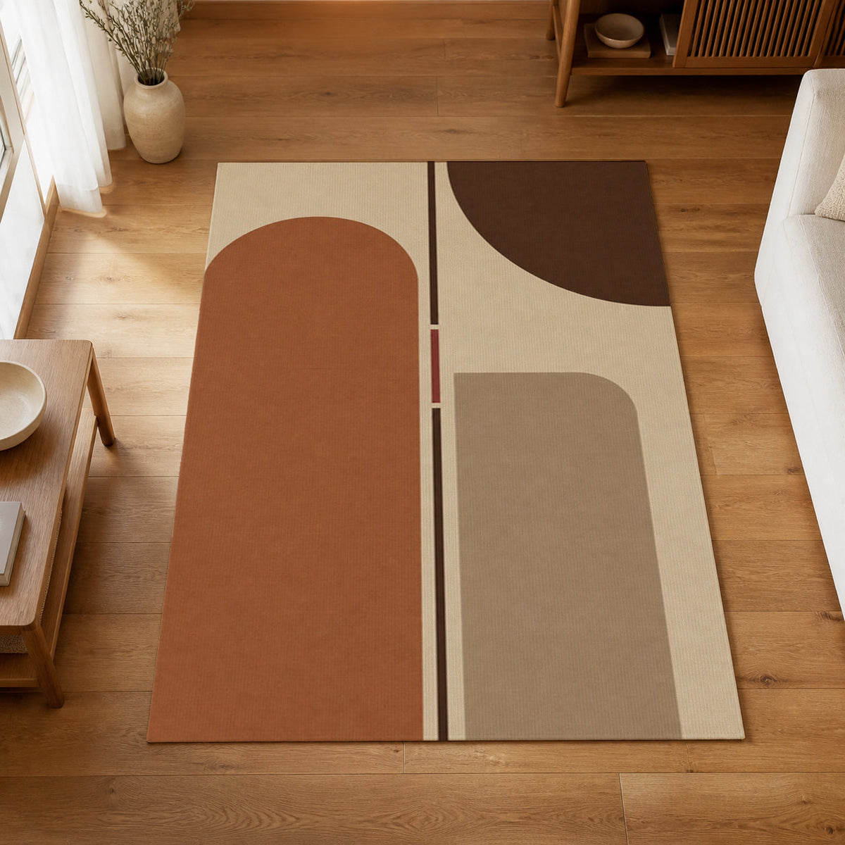 Kartela Axis washable modern arch area rug in Beige, on a wooden floor in a bright living room