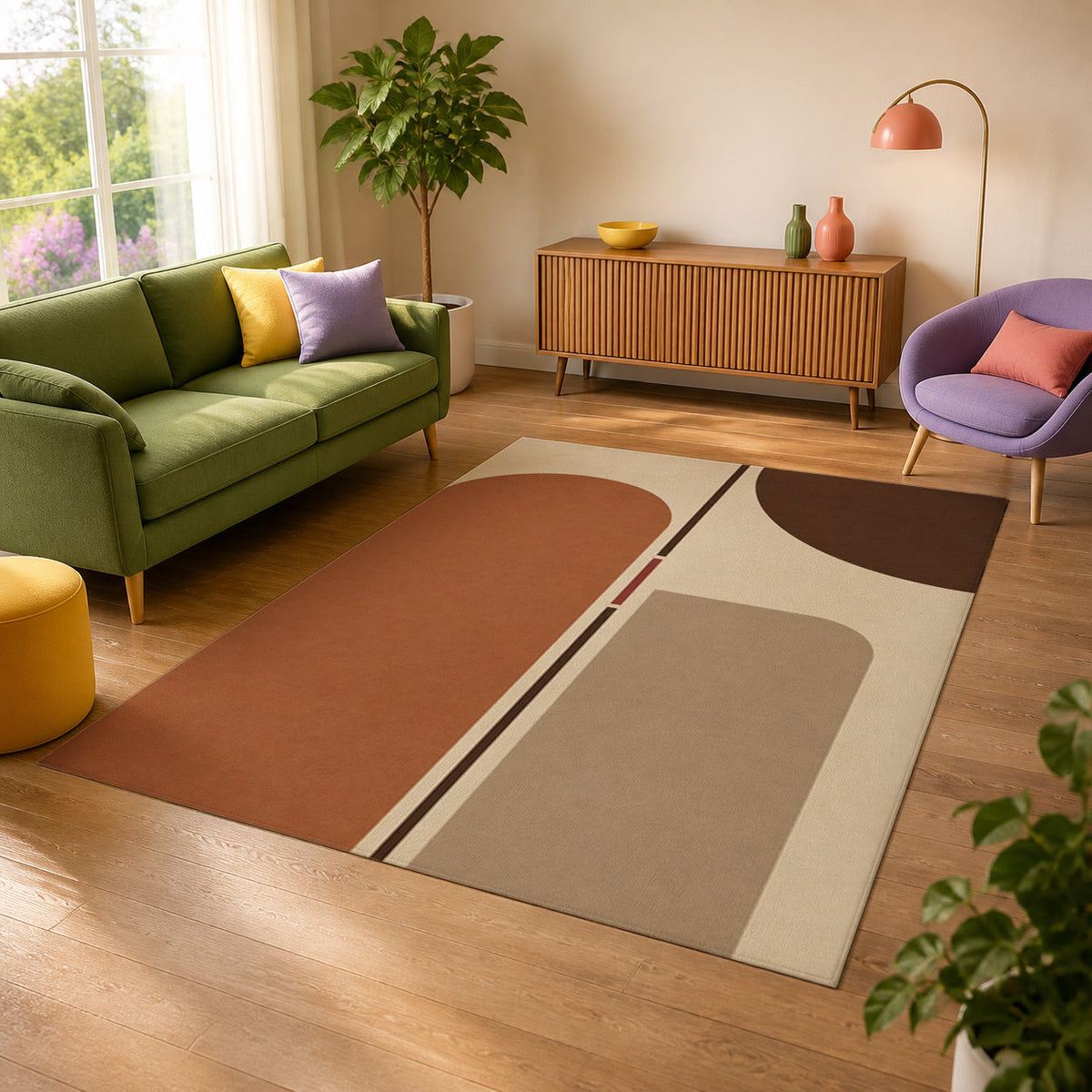 Kartela Axis washable modern arch area rug in Beige, in a sunny living room with a green sofa