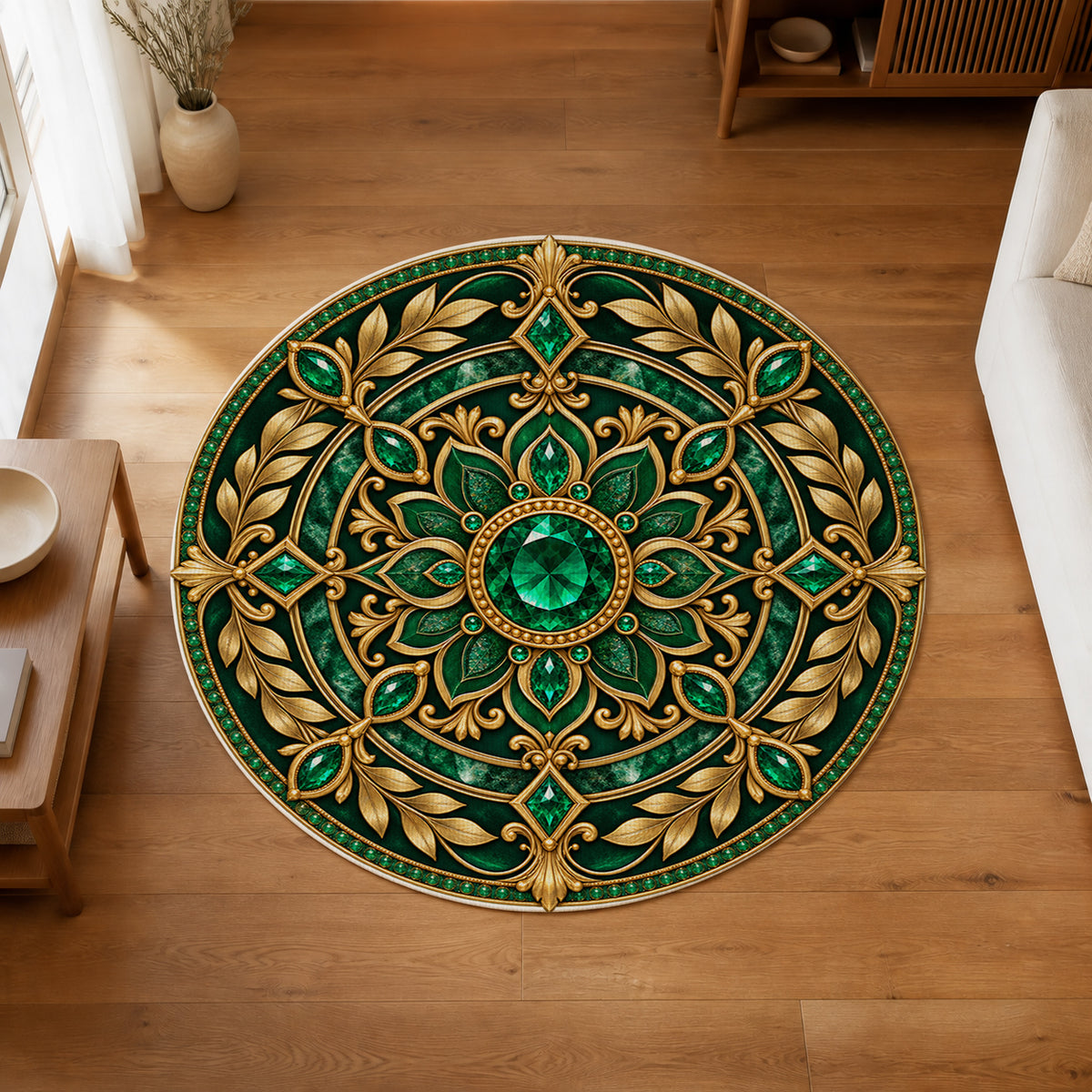 Emerald Prosperity Wheel Round Rug in an editorial overhead room view