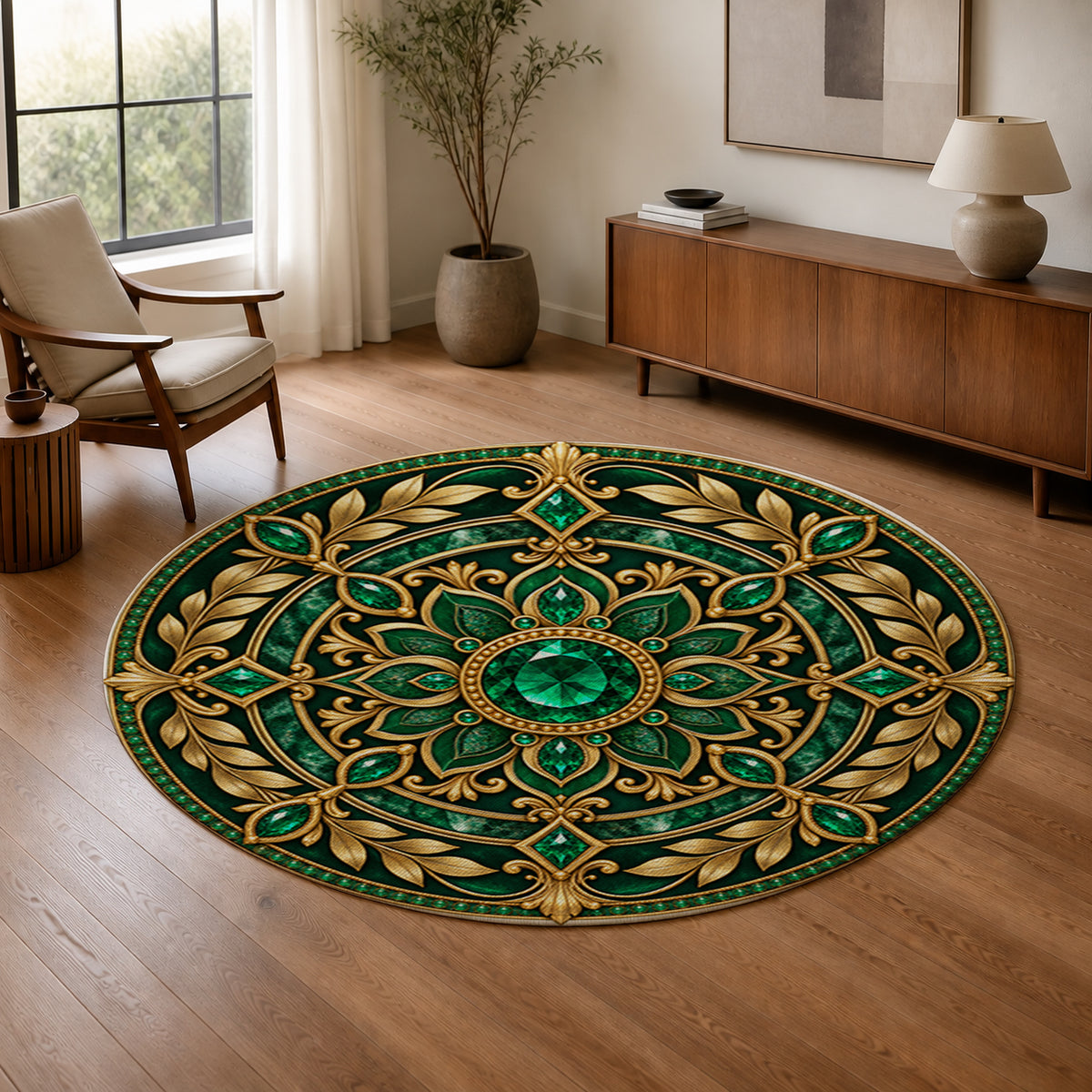 Emerald Prosperity Wheel Round Rug in a warm modern living room