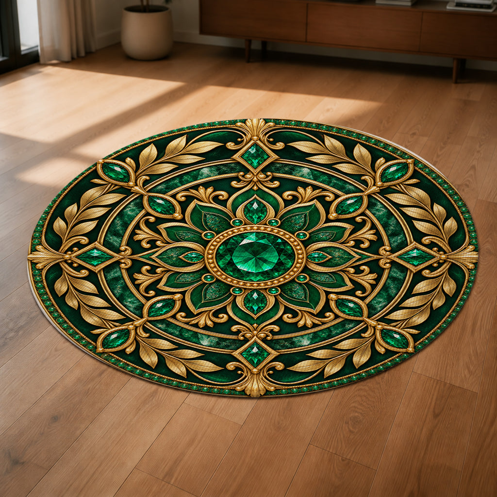 Emerald Prosperity Wheel Round Rug shown from a low oblique angle