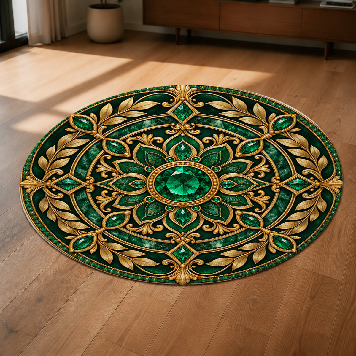 Emerald Prosperity Wheel Round Rug shown from a low oblique angle