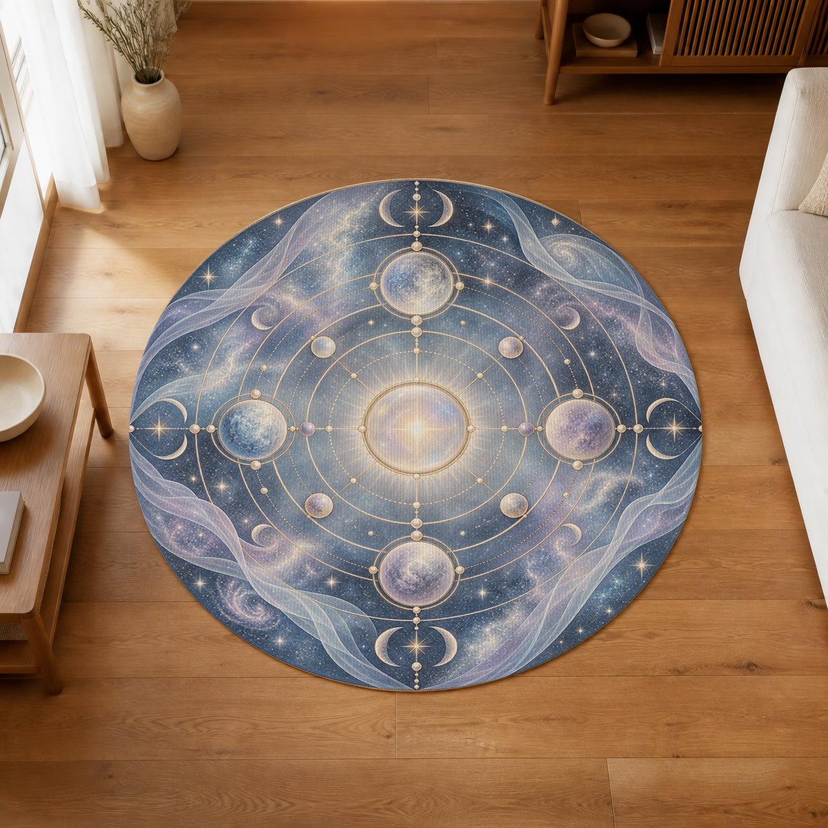 Ethereal Orbit Round Rug in an editorial overhead room view