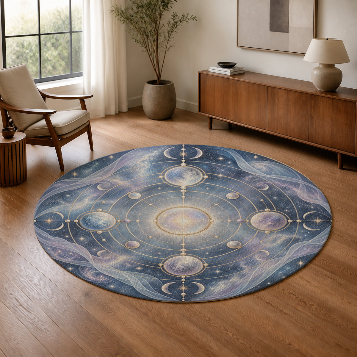 Ethereal Orbit Round Rug in a warm modern living room