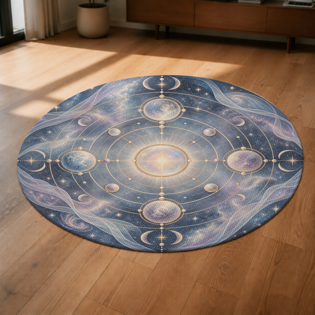Ethereal Orbit Round Rug shown from a low oblique angle