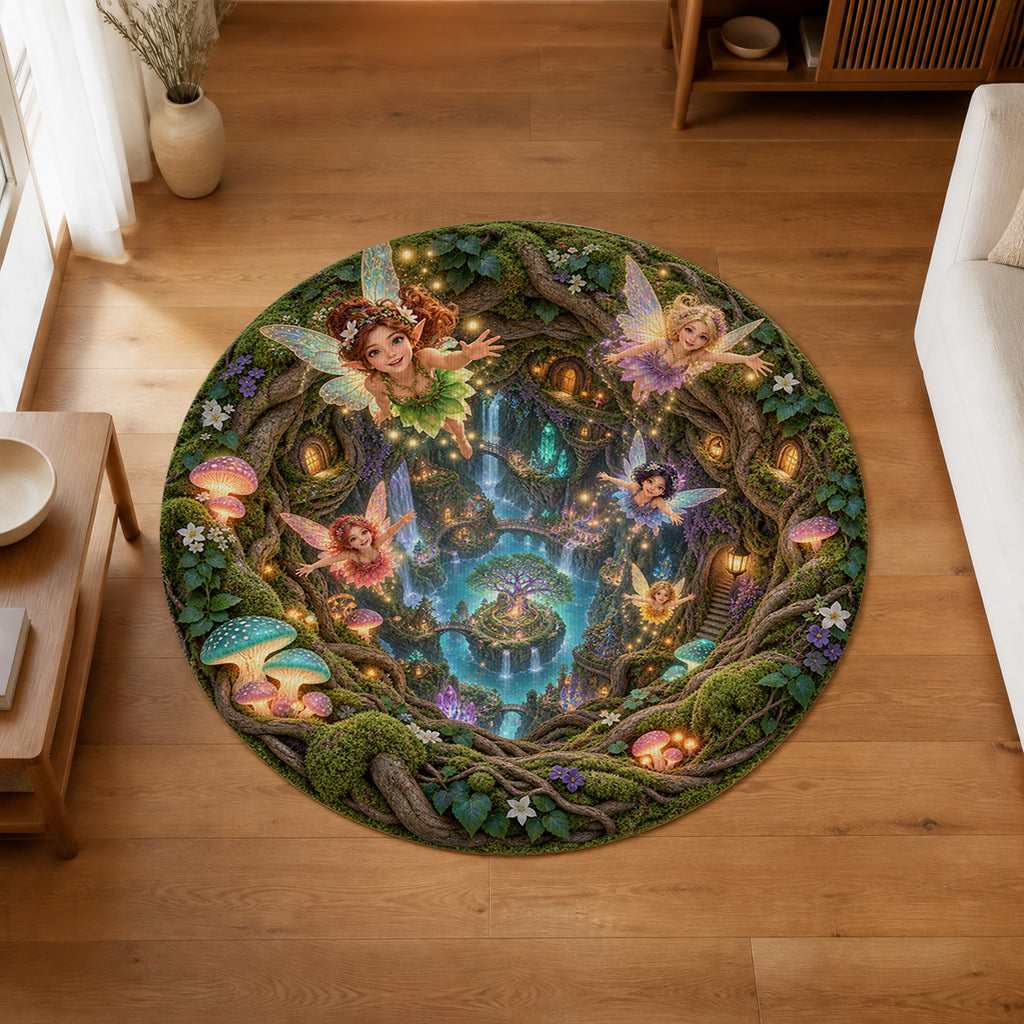 Fairy Hollow 3D Round Rug in an editorial overhead room view