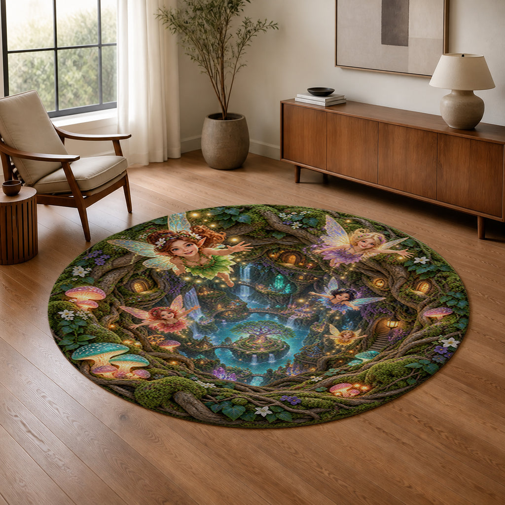 Fairy Hollow 3D Round Rug in a warm modern living room