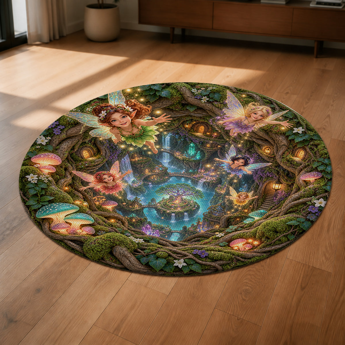 Fairy Hollow 3D Round Rug shown from a low oblique angle