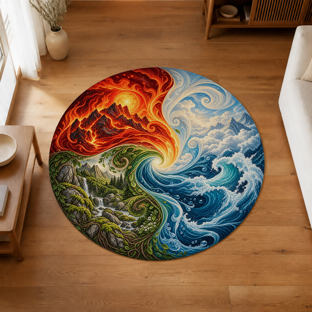 Fourfold Wheel Round Rug in an editorial overhead room view